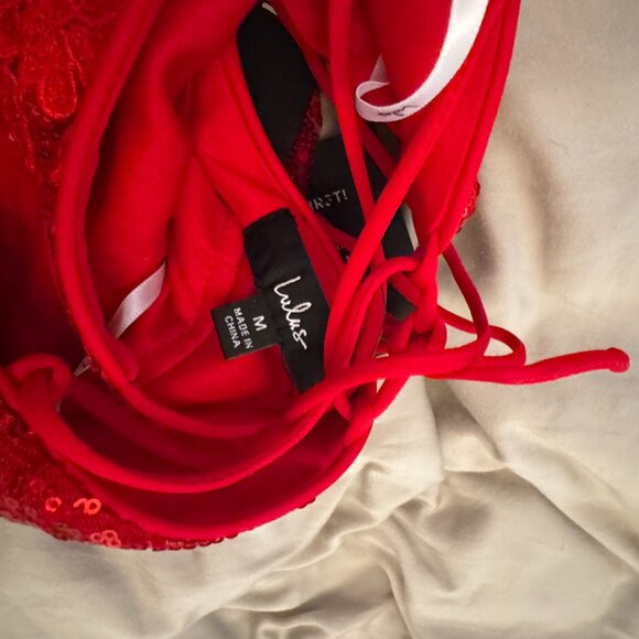 Lulus I've Got To Glow Red Sequin Lace-up Mermaid Maxi Dress - Size M - Picture 6 of 6